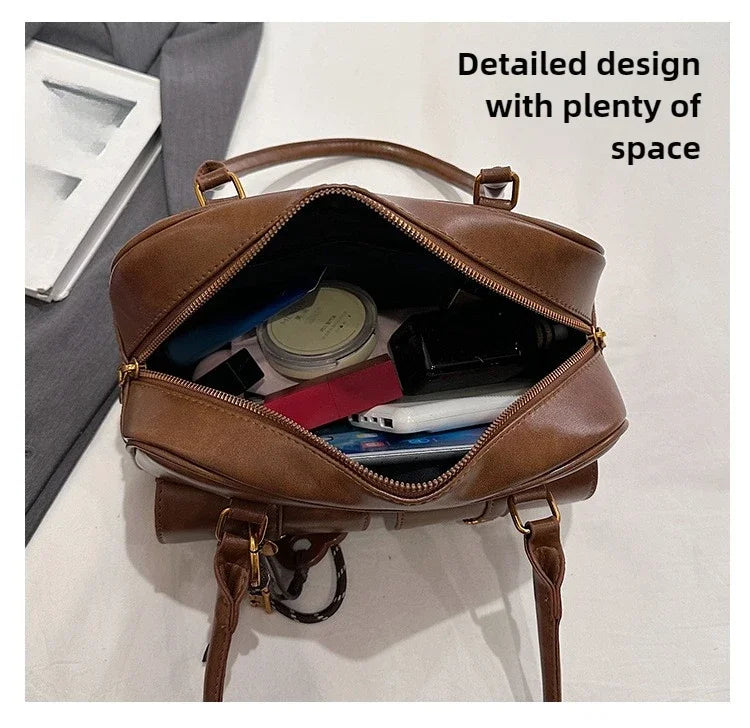 Women's Retro PU Leather Shoulder Bag with Multiple Pockets & Detachable Charm