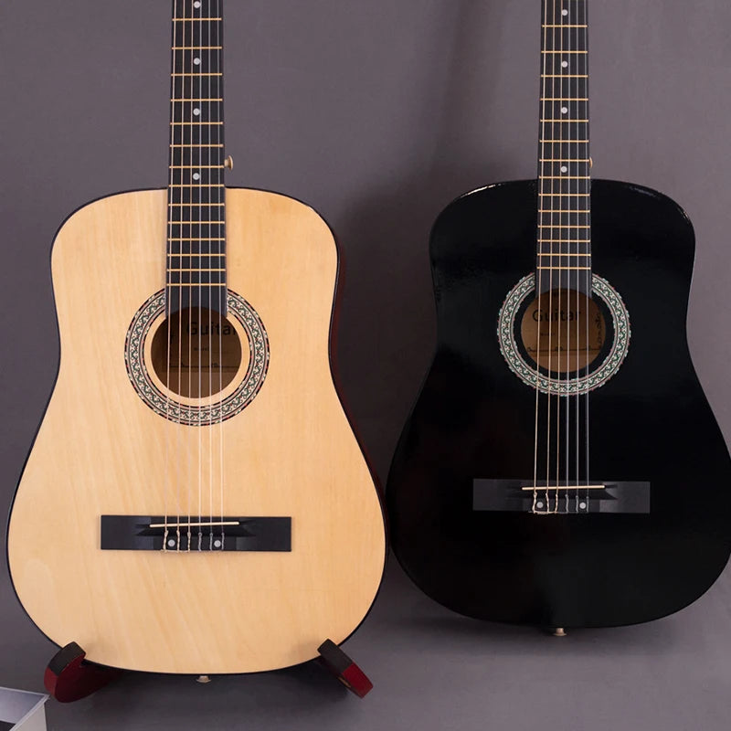 A pair of acoustic classical guitars, one light wood and one black, displayed against a gray background.