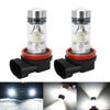 A pair of H8/H11 super bright LED fog light bulbs with red bases and clear glass, shown alongside installation examples.