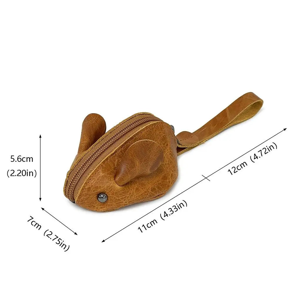 A brown genuine leather cartoon mouse coin purse shown from the side with dimensions.