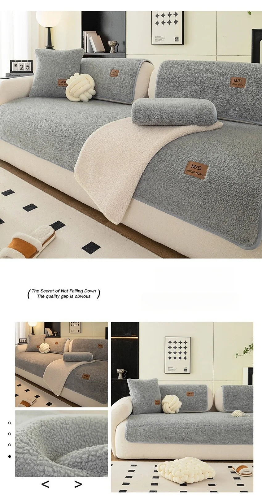 Housse de canapé sherpa gris clair avec accents beige et pompons décoratifs, présentée dans un salon moderne.