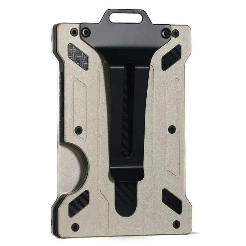 A slim aluminum money clip wallet with a black and silver design featuring RFID protection.