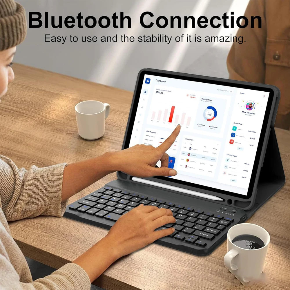 A person is using a detachable wireless keyboard case with an iPad, demonstrating Bluetooth connection.