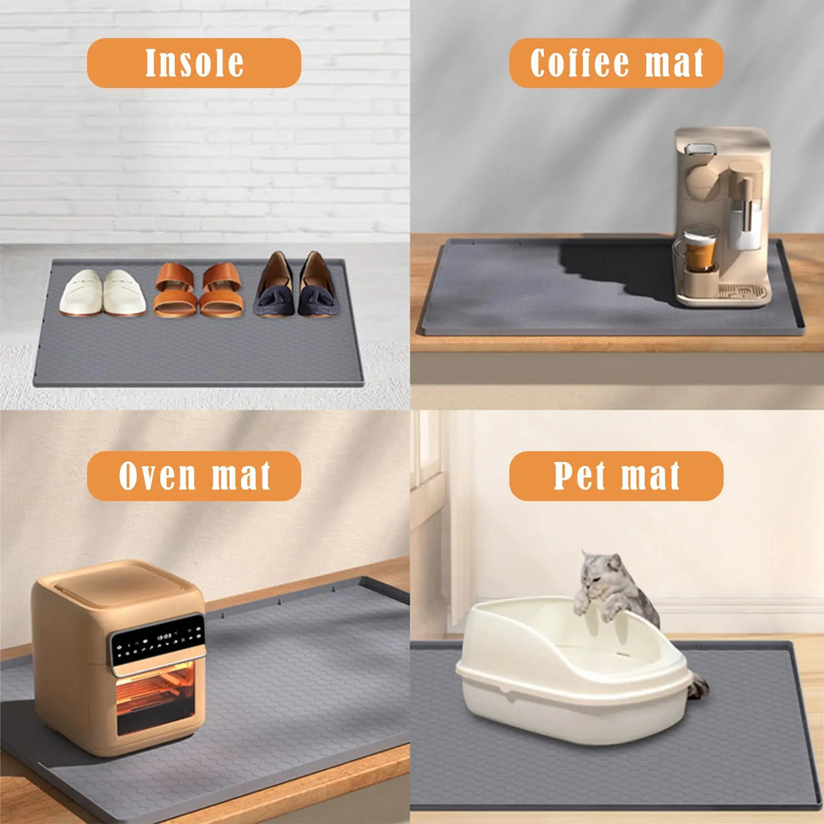 A collection of silicone mats including an insole, coffee mat, oven mat, and pet mat.