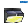 Black solar-powered security wall light with two types of LED lighting panels.
