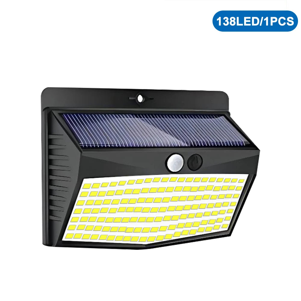 Black solar-powered security wall light with two types of LED lighting panels.
