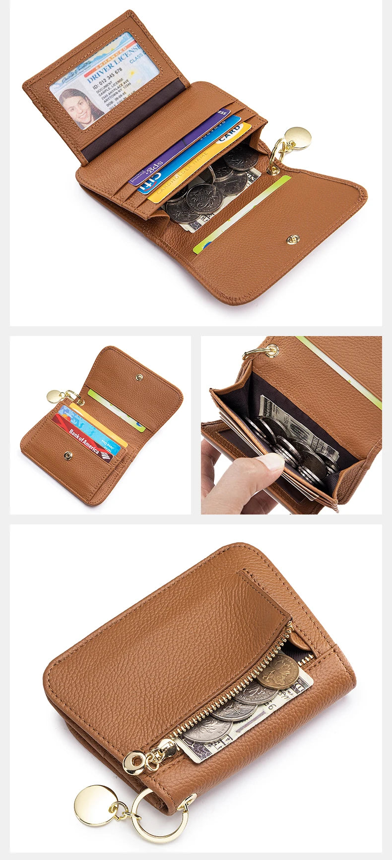 Women's RFID-Blocking Leather Wallet with Keychain and Coin Pocket