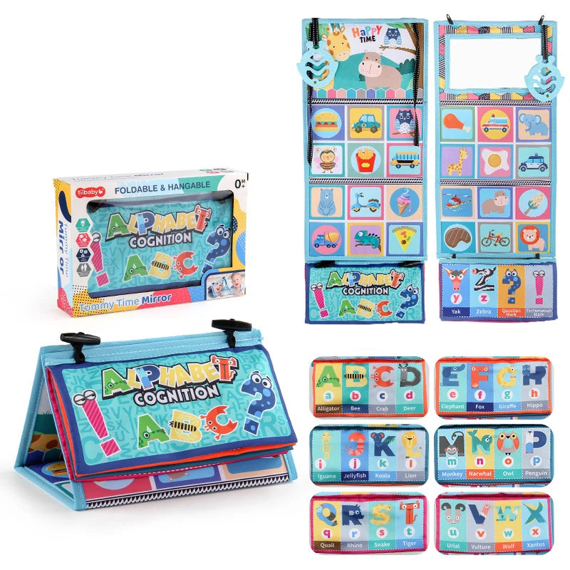 A set of colorful fold and hangable cognition mirrors for babies featuring various shapes and animals.