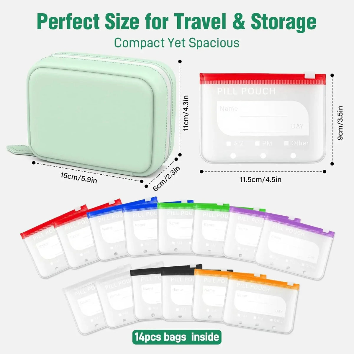 A set of 14 color-coded pill pouches in a clear organizer for travel and storage.