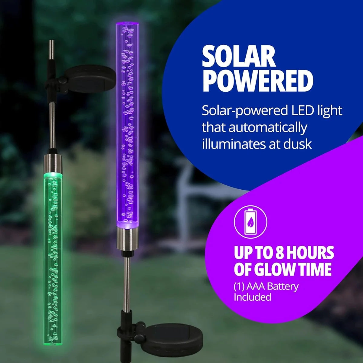 A solar-powered LED light fixture with a purple tube illuminating at dusk, featuring an AAA battery and a black mounting base