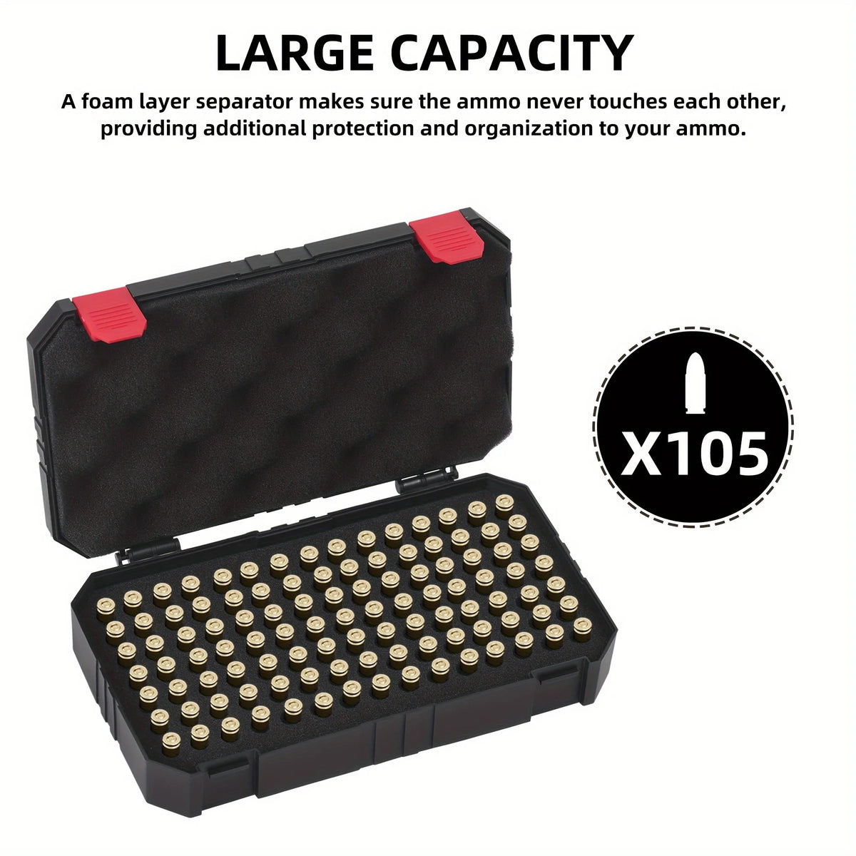 Black heavy-duty ammo storage case with a foam layer separator and 105 rounds visible.
