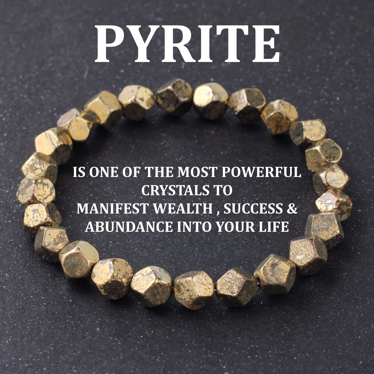 A bracelet made of natural pyrite and chalcopyrite crystals is displayed on a dark surface.