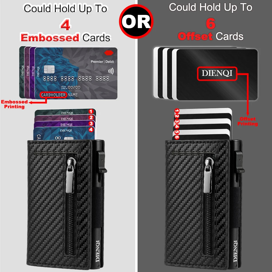 Porte-cartes noire avec cartes gravées et cartes offset DIENQI et Premier/Débit.