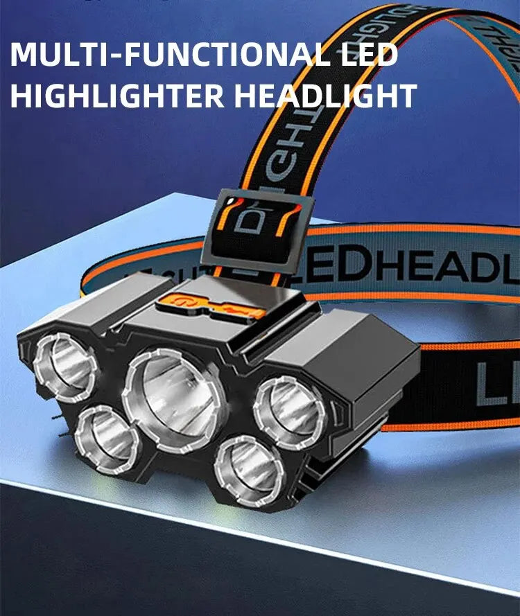 A multi-functional LED highlighter headlight module with five bright lights mounted on a flexible strip.