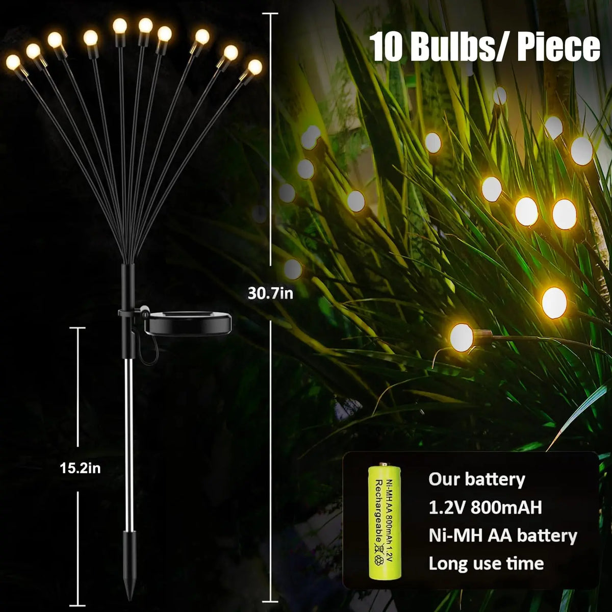 Ein Bund von 10 LED-Glühbirnen auf einem langen Stiel mit Batteriemanschette und einer Pflanze im Hintergrund.