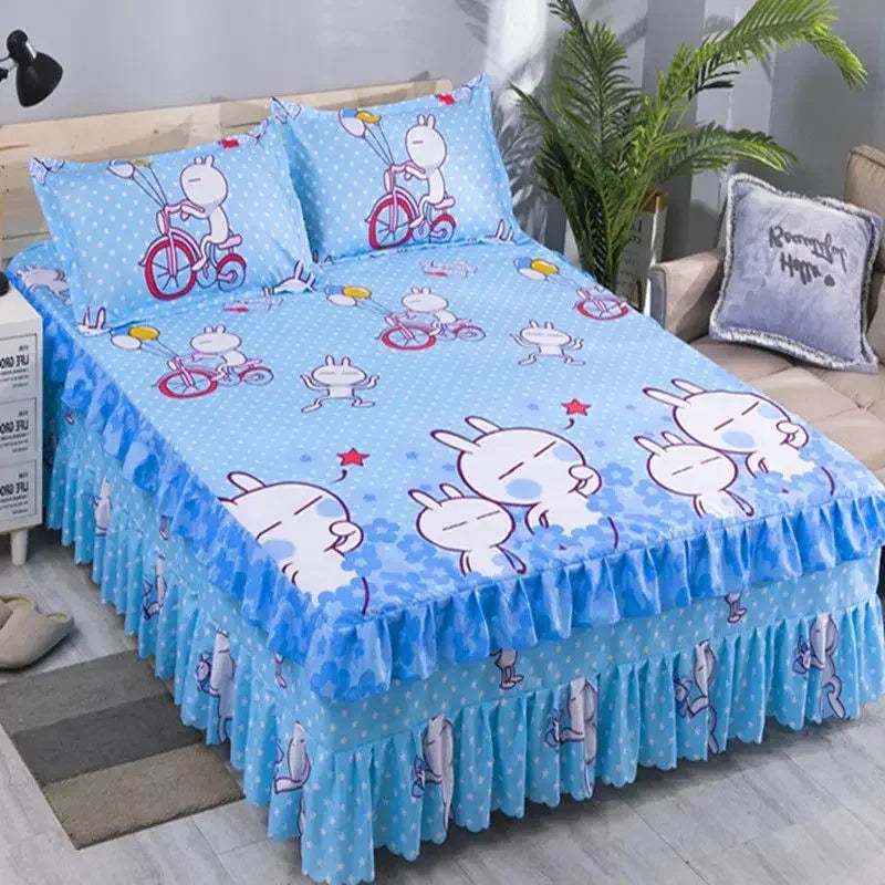 Elegant Elastic Fitted Bed Sheet Set with Lace Skirt and Pillowcases