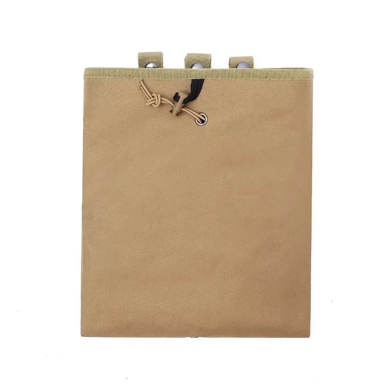 Tan tactical MOLLE dump pouch with a drawstring closure and multiple attachment points