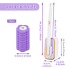 A purple disposable toilet brush kit showing the brush, wall-mounted holder, and various sizes.
