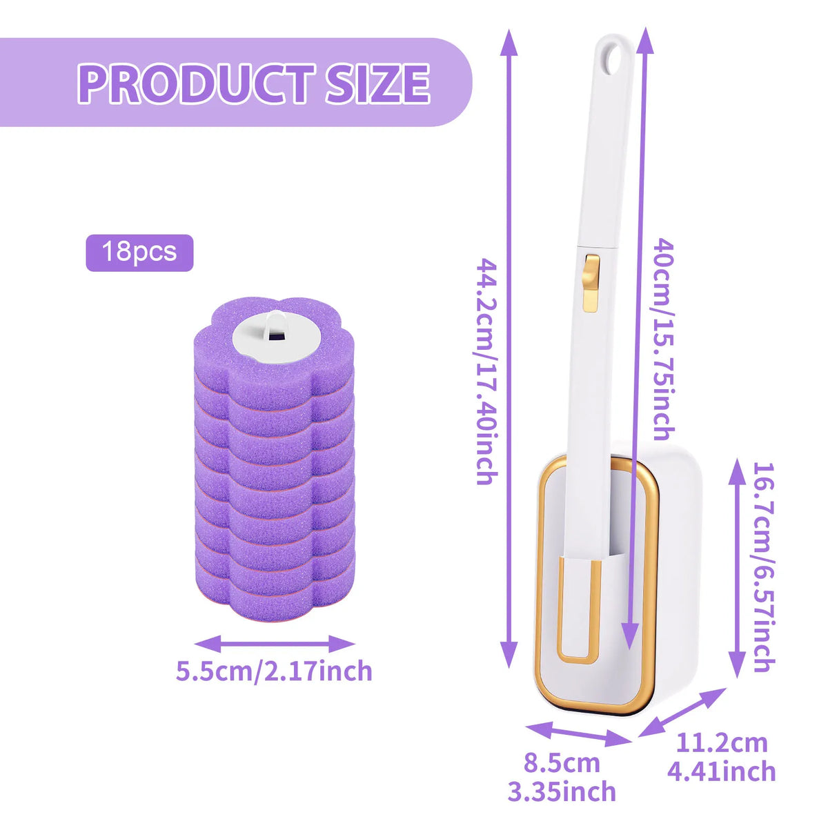 A purple disposable toilet brush kit showing the brush, wall-mounted holder, and various sizes.