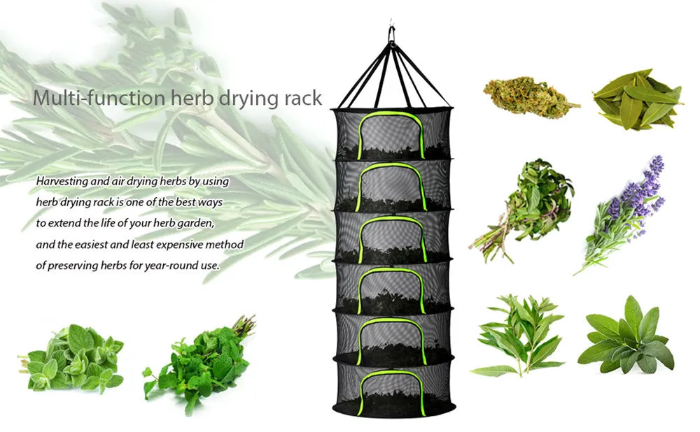 Multi-Layer Hanging Herb Drying Rack with Zippered Mesh Nets