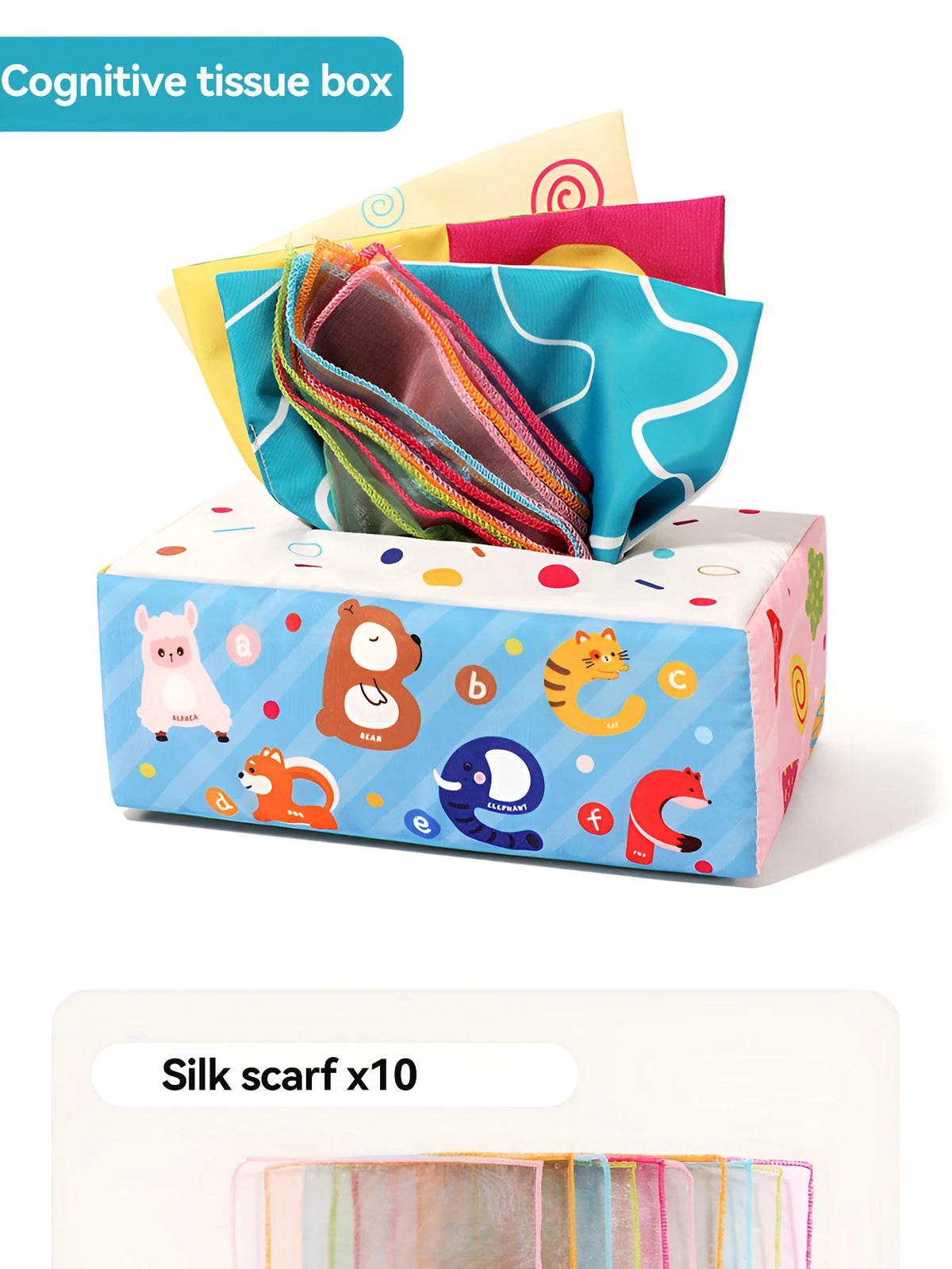 A box of silk scarves featuring cartoon animals like a pink lamb, brown bear, orange cat, and blue elephant.
