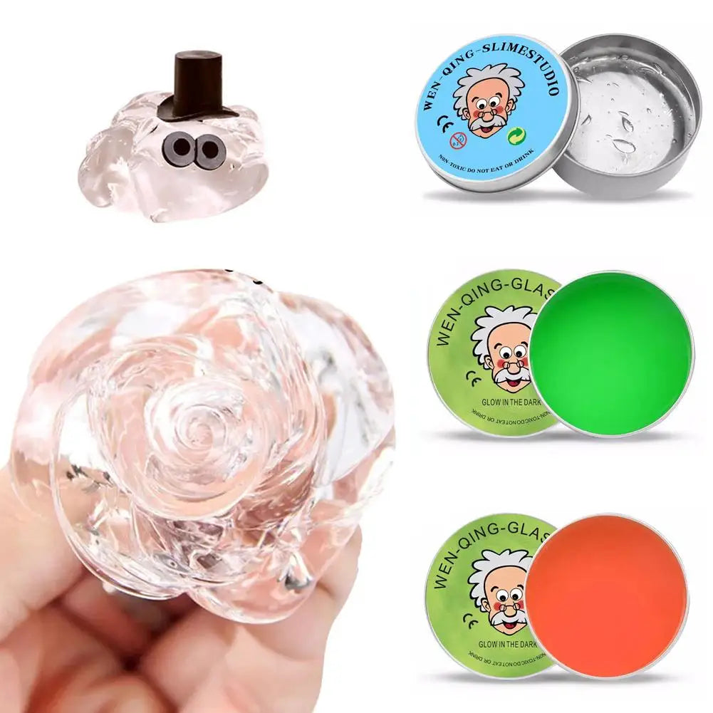 Crystal clear stress putty in a silver tin next to a pink glass rose product.
