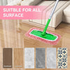 Reusable microfiber mop pads shown next to various surfaces including hardwood, laminate, tile, stone, marble, and ceramic.