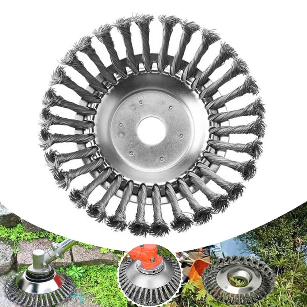 Close-up view of a universal steel wire weed trimmer head with numerous fine wires for cutting weeds.