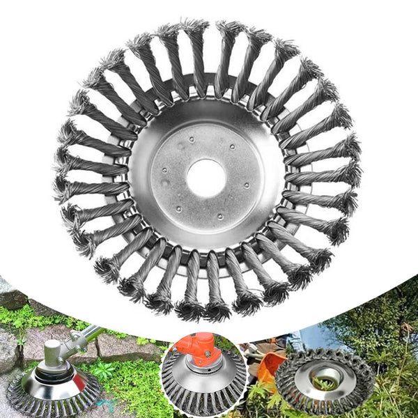 Close-up view of a universal steel wire weed trimmer head with numerous fine wires for cutting weeds.