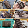 A collection of leather goods including a bag, ornaments, camera cover, shoes, wallet, and tool sleeve in coffee brown leathe