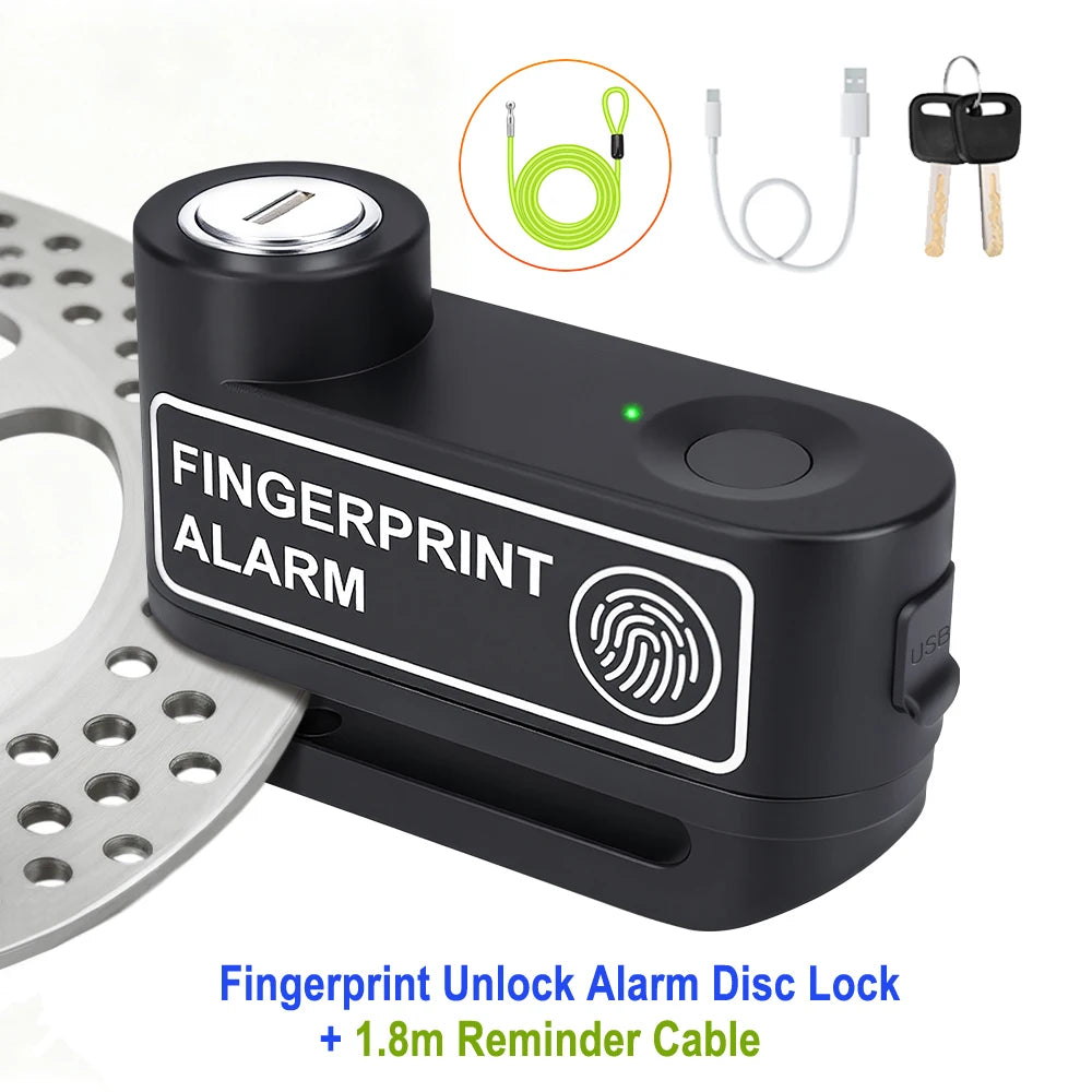 Black fingerprint unlock alarm disc lock device with a reminder cable and key set