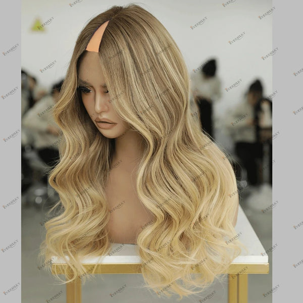 Glueless Blonde V-Part Perücke mit natürlich welliger Textur