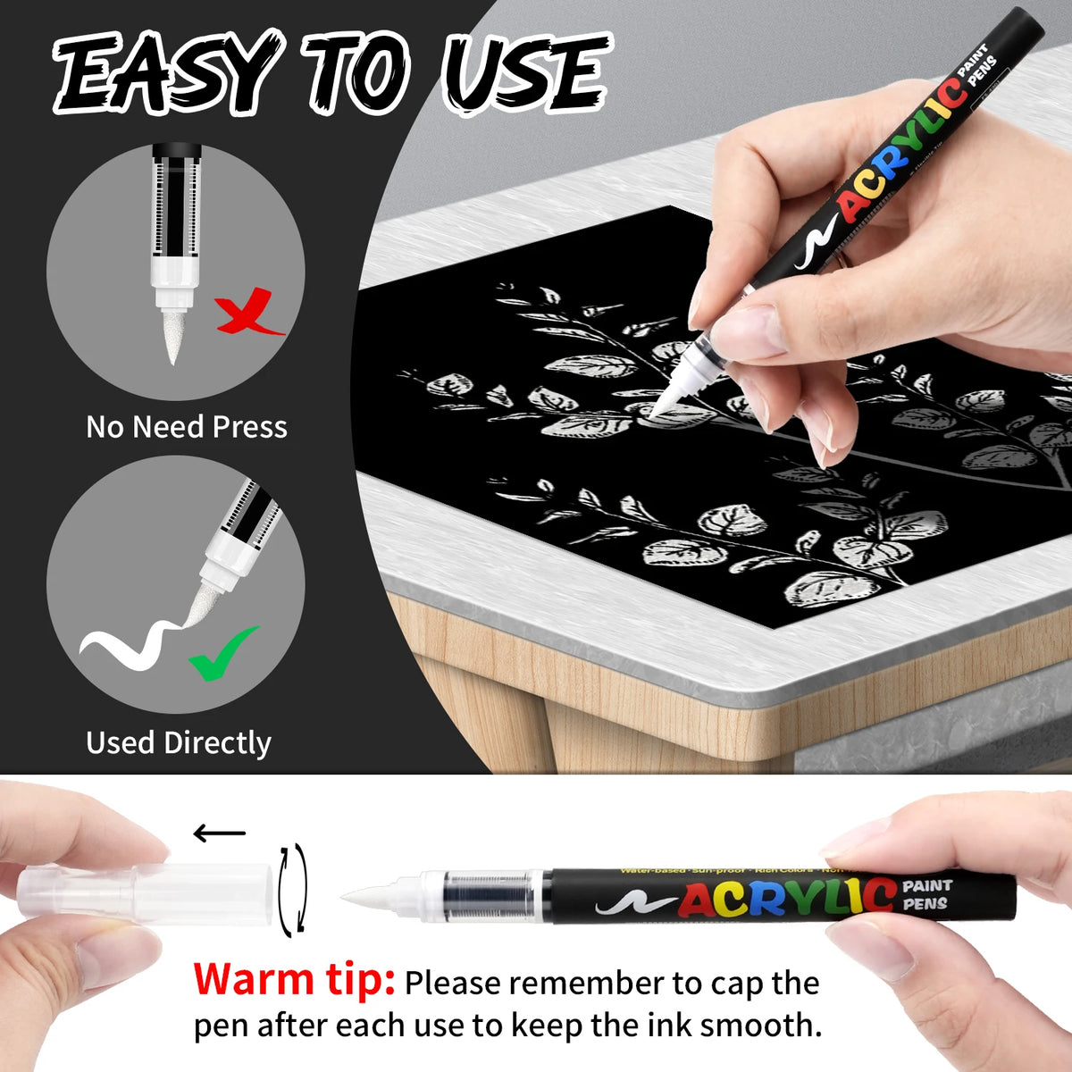 Une main utilise un stylo à peinture acrylique noir pour dessiner sur une surface sombre, démontrant une application facile e
