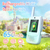 A white rechargeable walkie talkie for kids with a green camera display and charging cable set in an outdoor setting.