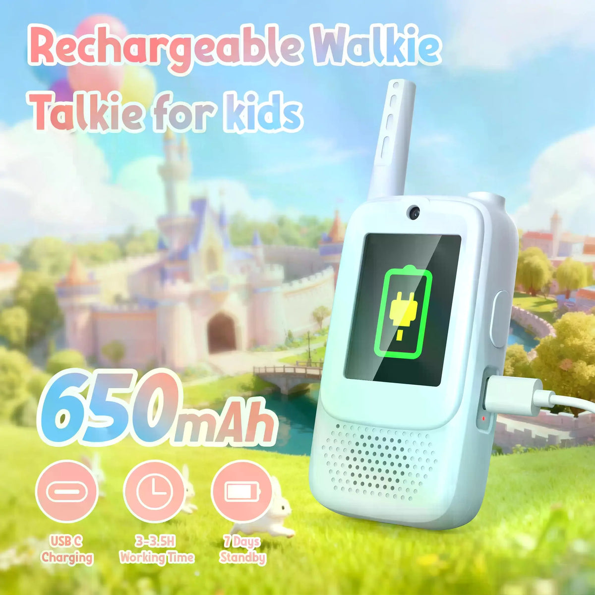 A white rechargeable walkie talkie for kids with a green camera display and charging cable set in an outdoor setting.