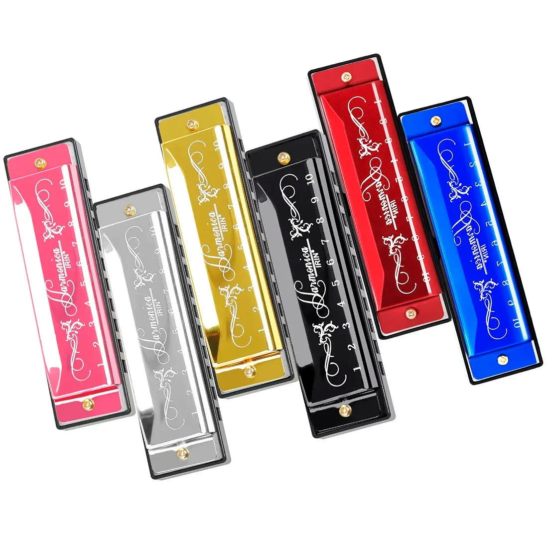 A set of ten-hole C key harmonica for beginners with colorful finishes in red, yellow, and blue.
