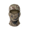 A camouflage balaclava cap worn on a head.