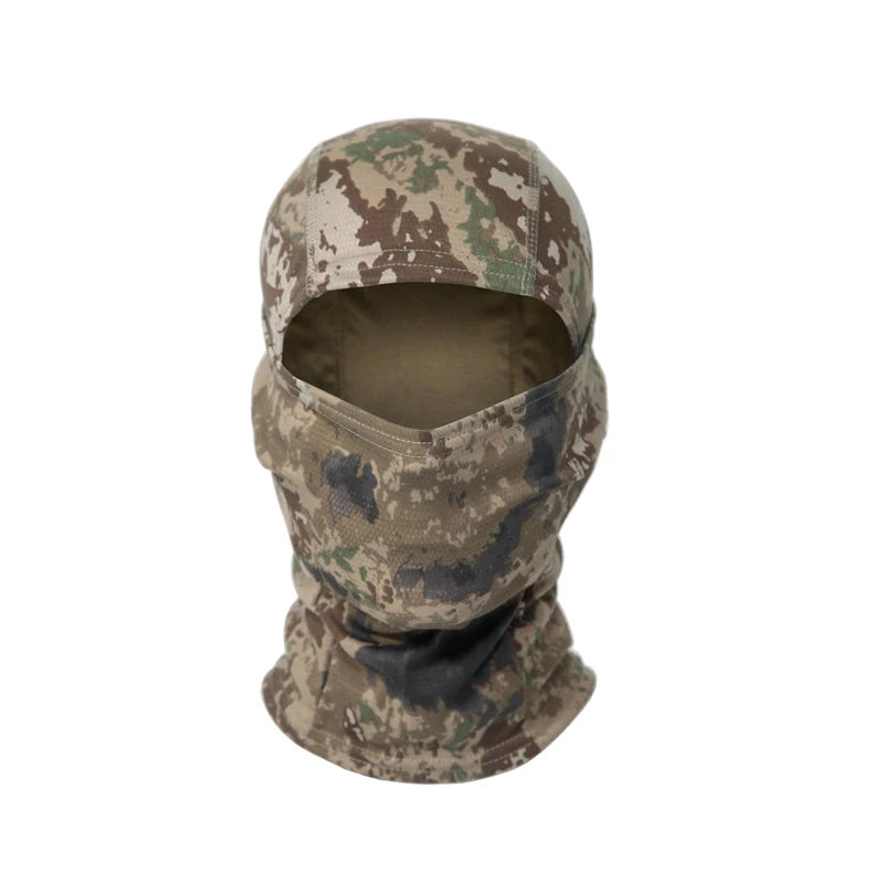 A camouflage balaclava cap worn on a head.