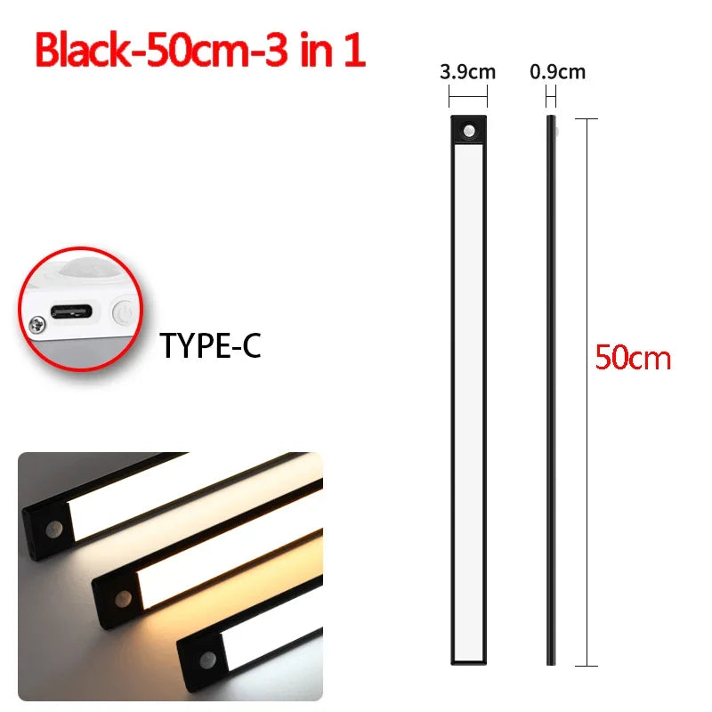 Black 50cm 3 in 1 rechargeable LED motion sensor light with Type-C charging port