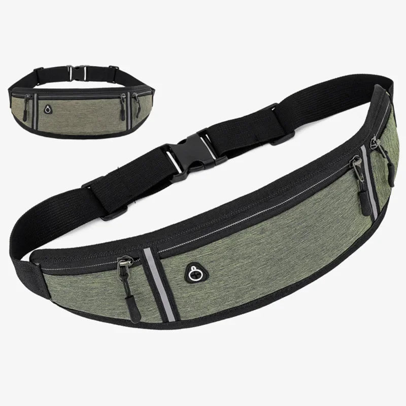 A black canvas waist pack with adjustable straps and multiple pockets shown in a top-down view.