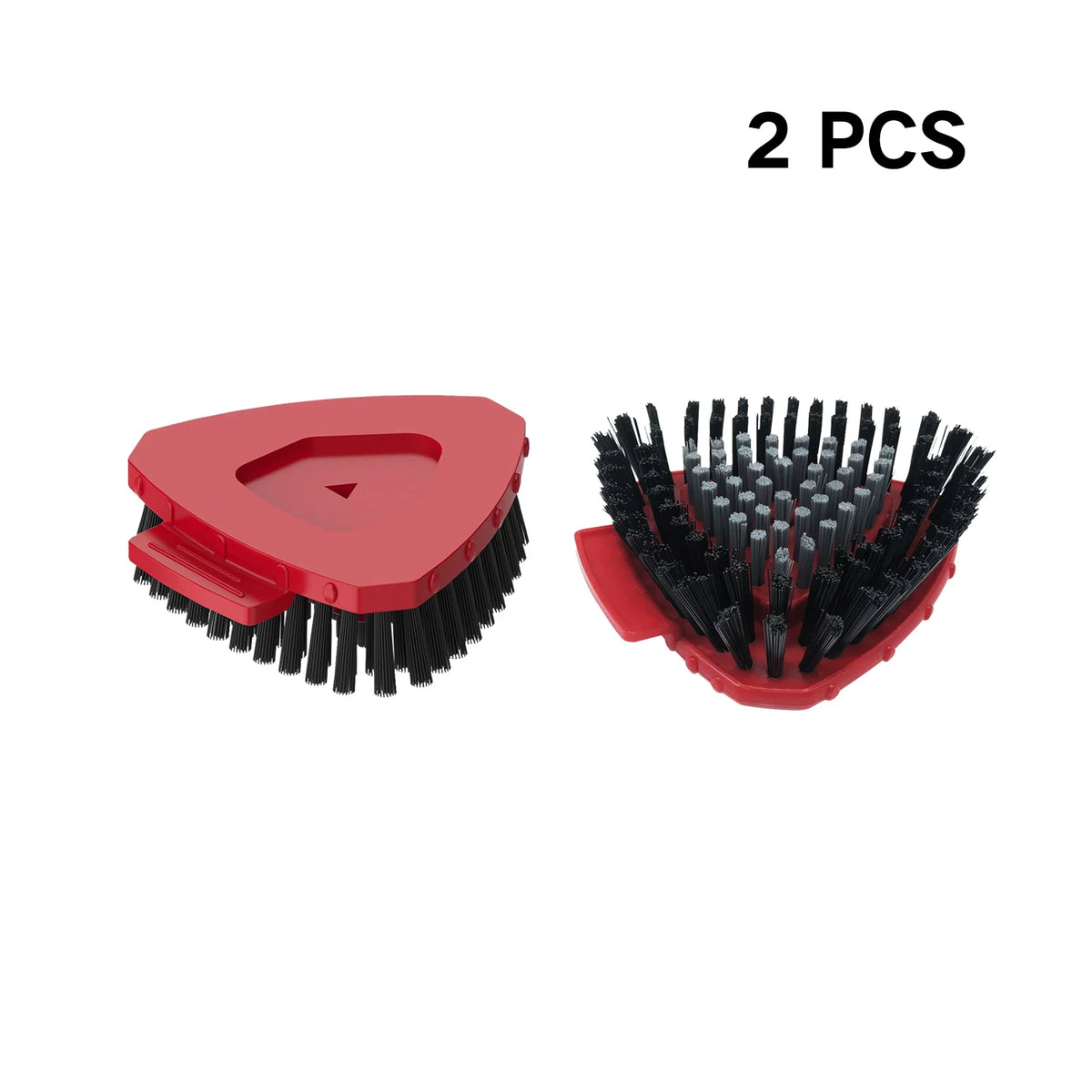 Two red spin mop replacement scrub brush heads with black bristles.