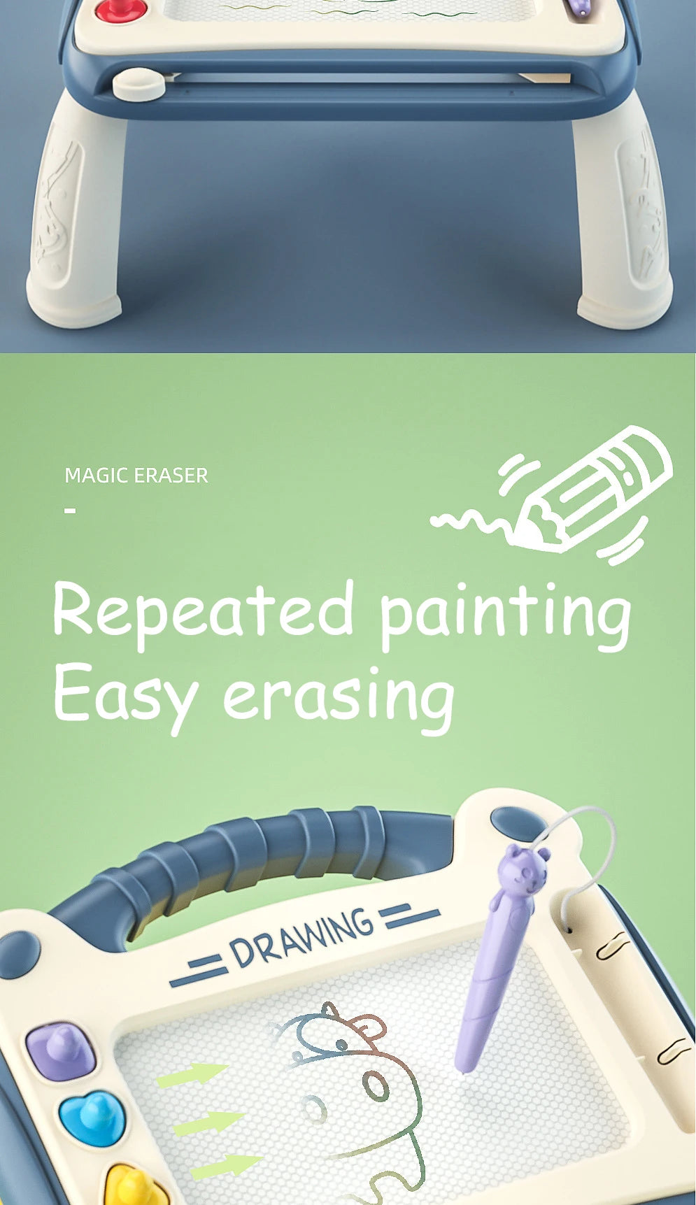 A magnetic drawing board for kids showing a drawing and an erasable pen on a light blue surface.