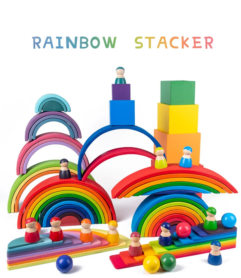 A colorful wooden rainbow stacker set featuring various colored blocks and arches for creative building.