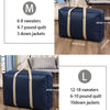 A set of extra-large waterproof moving and storage bags in navy blue, shown with various sizes and jacket counts.