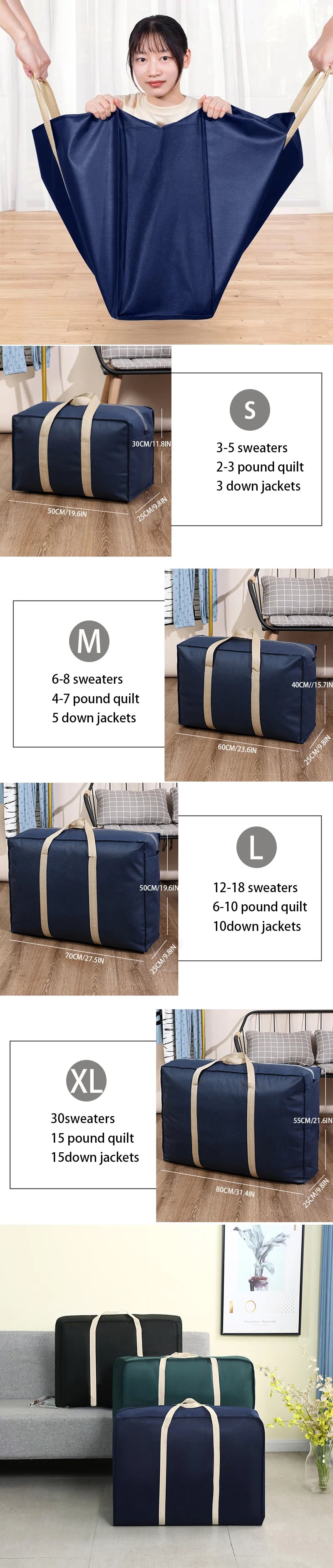 A set of extra-large waterproof moving and storage bags in navy blue, shown with various sizes and jacket counts.