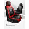 Black and red leather car seat covers for Chevrolet models shown in a studio setting.