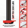 A red ABS pulley with roller wheels is shown, demonstrating its strong weighing capacity for furniture moving.