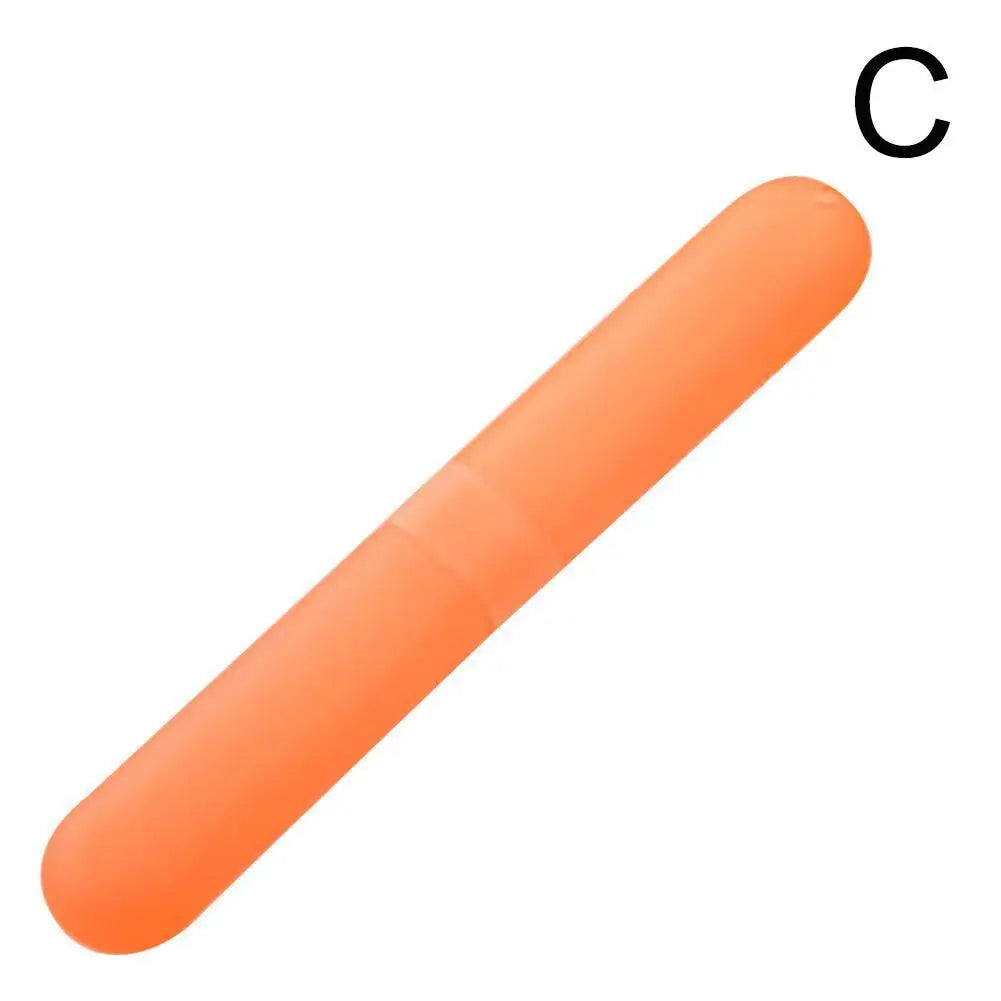 An orange portable toothbrush travel case with a vented cover and a circular opening labeled C.