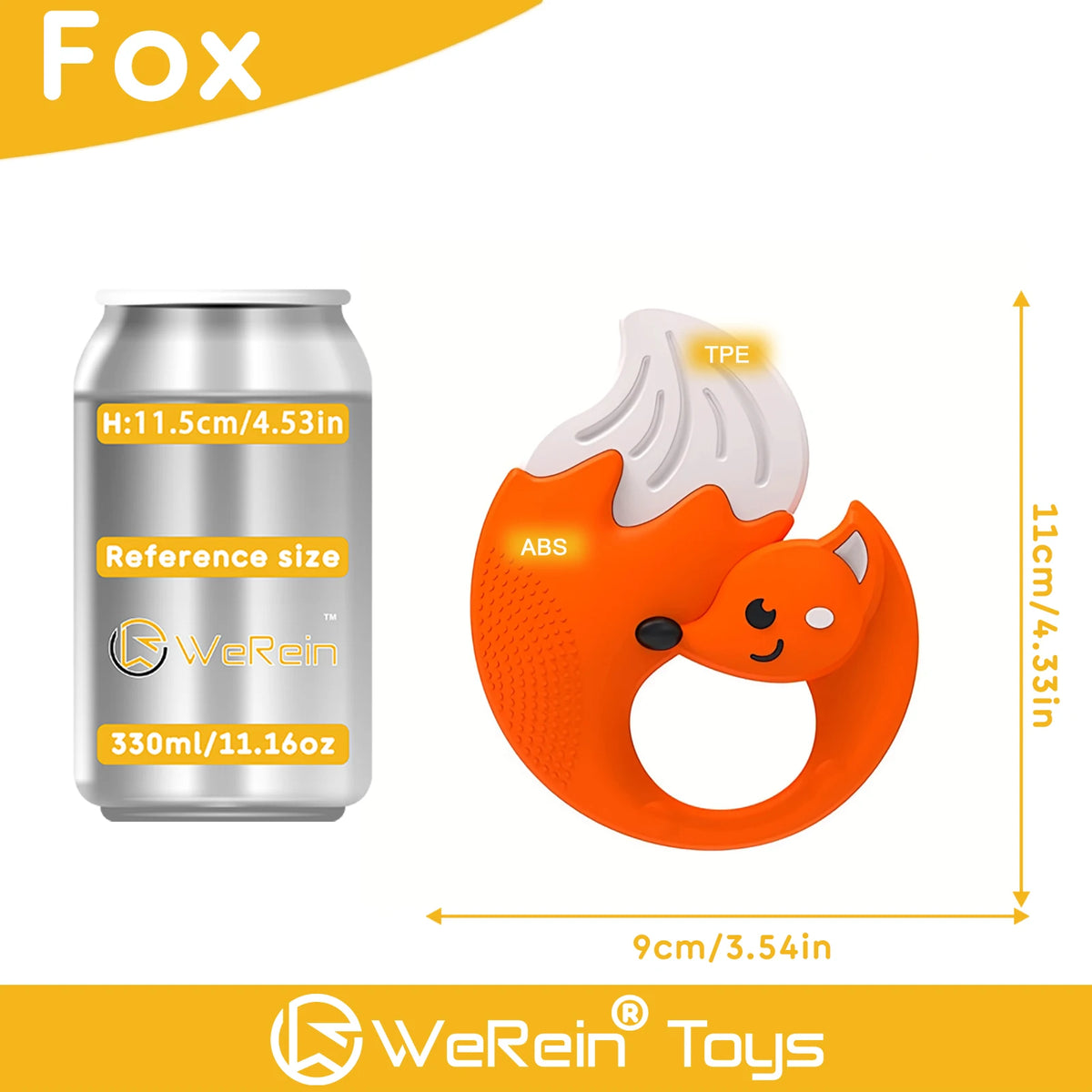 An orange fox-shaped rattle toy for sensory development, shown next to a can and size reference.