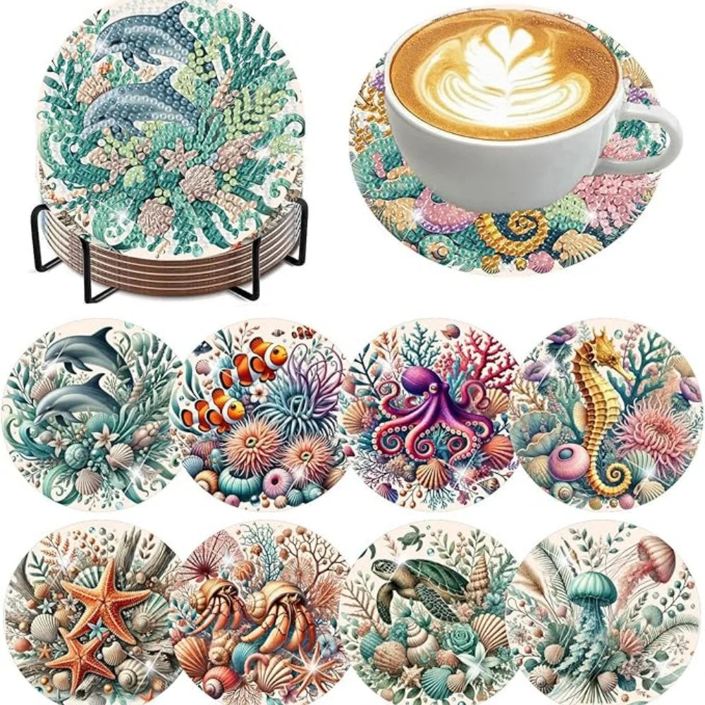 DIY Diamond Art Coaster Set with Holder – 8 Acrylic Coasters for Home Decor and Gifting